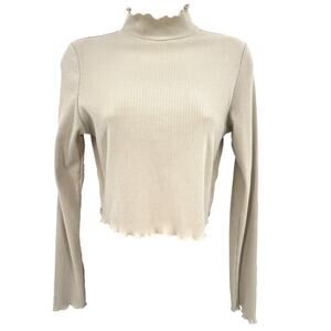 Aerie Top Women's L Oatmeal Y2K Cottagecore Ribbed Mock Neck Cropped‎ Feminine